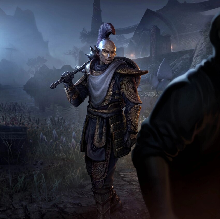 1boy, armor, blue_shirt, building, commentary, dunmer, english_commentary, fantasy