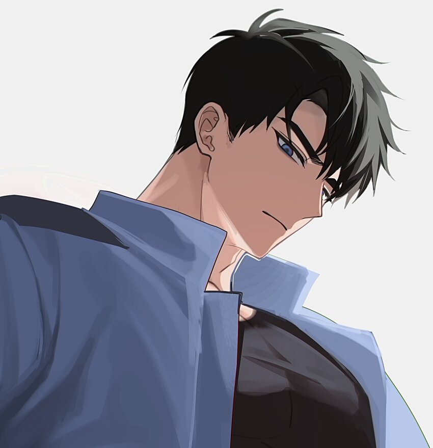 1boy, black_hair, black_shirt, blue_eyes, blue_jacket, close-up, closed_mouth, collared_jacket