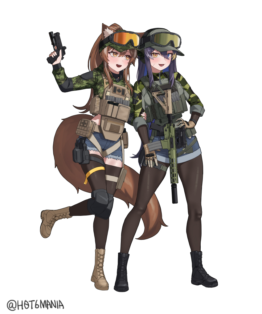 2girls, absurdres, alina_svard_kovalenko_(laotianaviator), ammunition_pouch, animal_ear_fluff, animal_ears, artist_name, assault_rifle