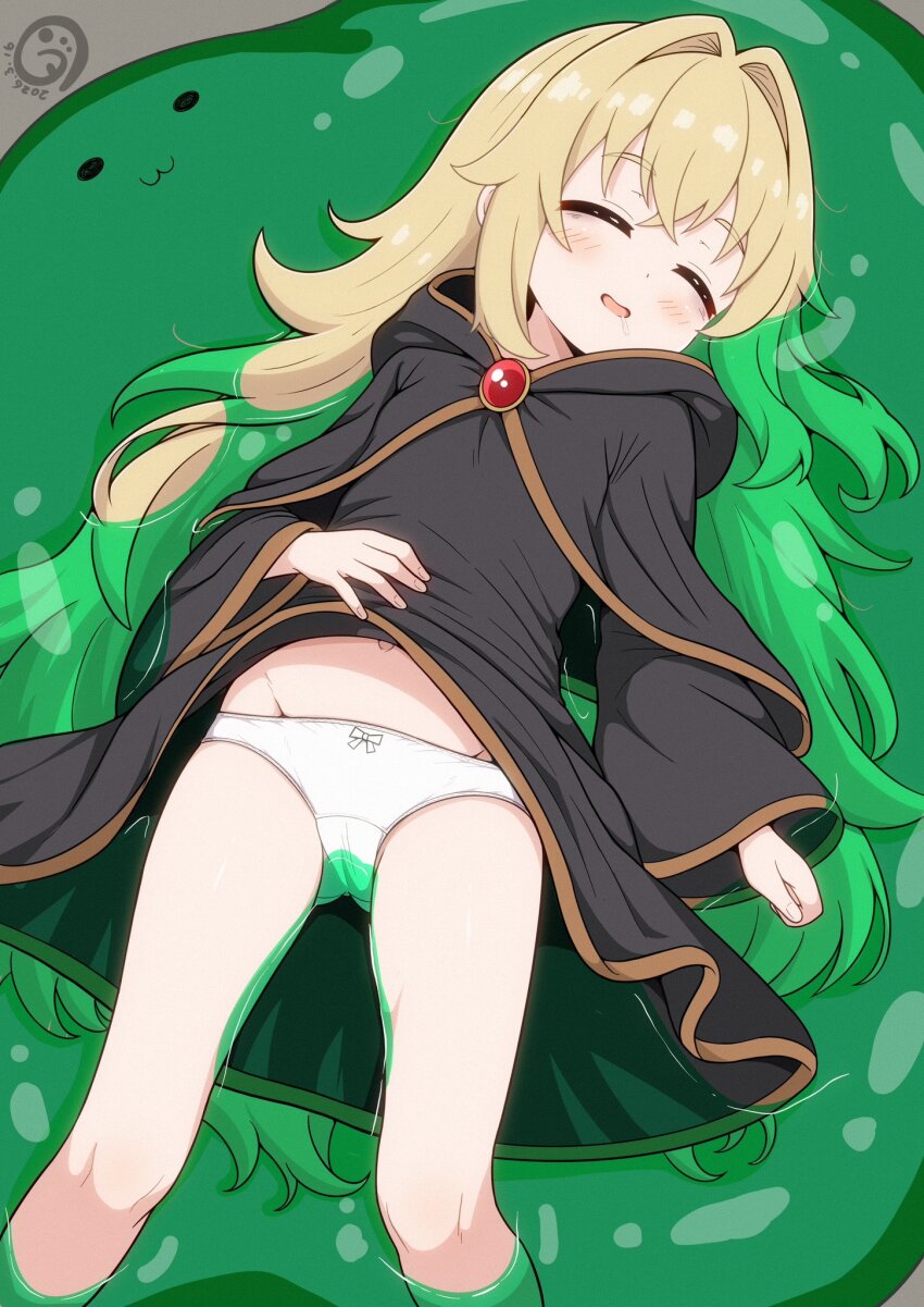 1girl, arm_at_side, black_capelet, black_dress, blonde_hair, blush, bow, bow_panties, capelet, choppy_bangs, closed_eyes, clothes_lift, crossed_bangs, crotch_seam, dress, dress_lift, drooling, feet_out_of_frame, fingernails, fluffy, groin, hair_intakes, hand_on_own_stomach, highres, loli, long_hair, lying, navel_peek, on_back, on_creature, original, panties, parted_lips, saliva, slime_(creature), solo, underwear, very_long_hair, vuta, white_panties