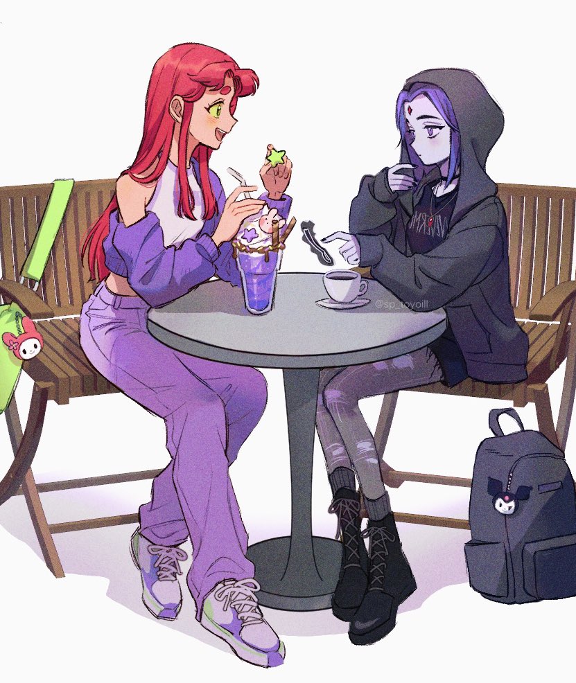 2girls, alternate_costume, chair, coffee, couple, crop_top, cropped_jacket, cup, dc_comics, forehead_jewel, green_eyes, grey_background, happy, hood, hood_up, jacket, long_hair, long_sleeves, looking_at_another, mug, multiple_girls, on_chair, open_clothes, open_jacket, open_mouth, pants, pantyhose, purple_eyes, purple_hair, raven_(dc), short_hair, smile, sp_toyoill, starfire, table, teen_titans, torn_clothes, torn_pantyhose, white_background, yuri