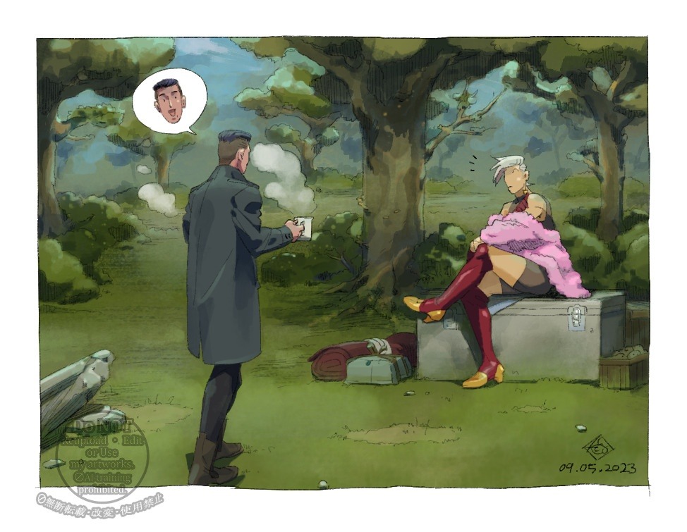 1boy, 1other, boots, bush, coat, coffee_mug, cup, dark_skin