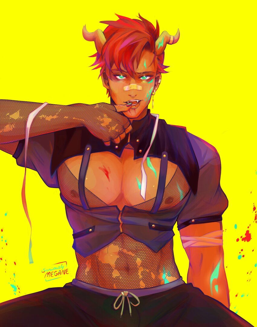 1boy, absurdres, bandaid, bandaid_on_face, bandaid_on_nose, blood, brown_hair, dark-skinned_male