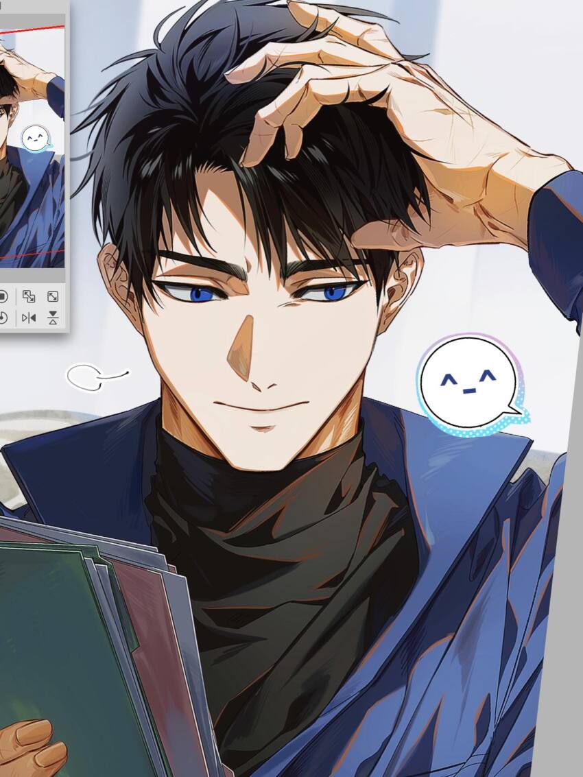 1boy, black_hair, black_shirt, blue_eyes, blue_jacket, closed_mouth, collared_jacket, gwechul