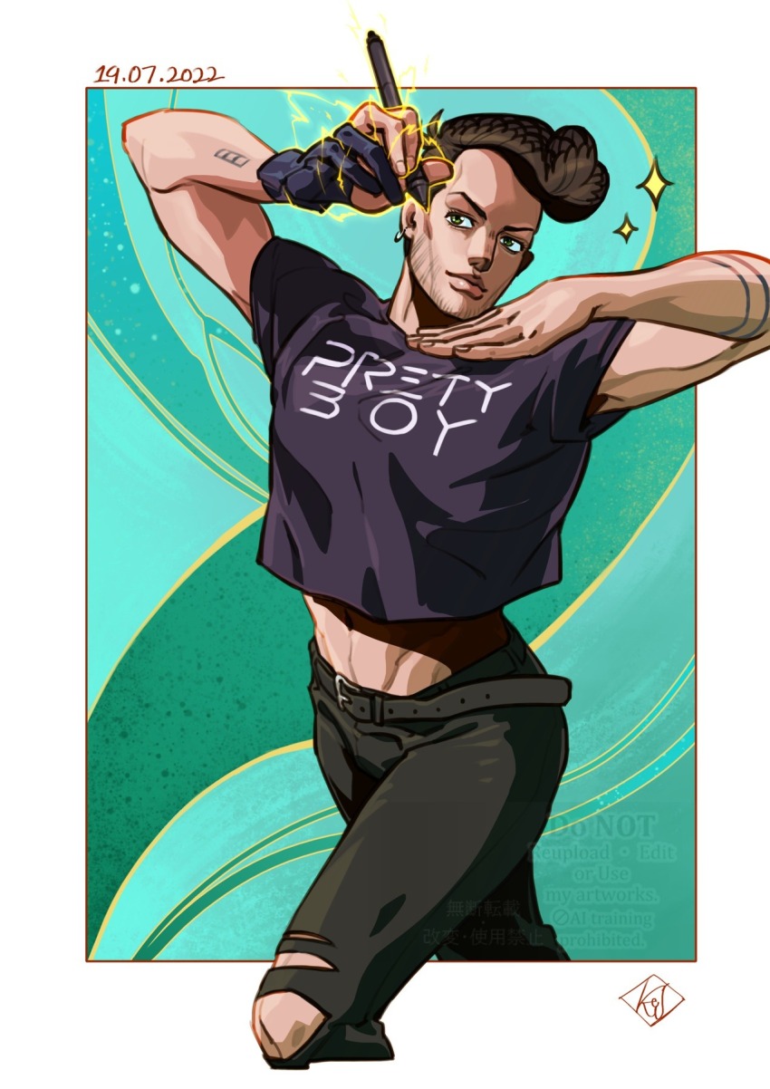 1boy, araki_hirohiko_(style), arm_tattoo, beard_stubble, belt, brown_hair, crop_top, drawfee