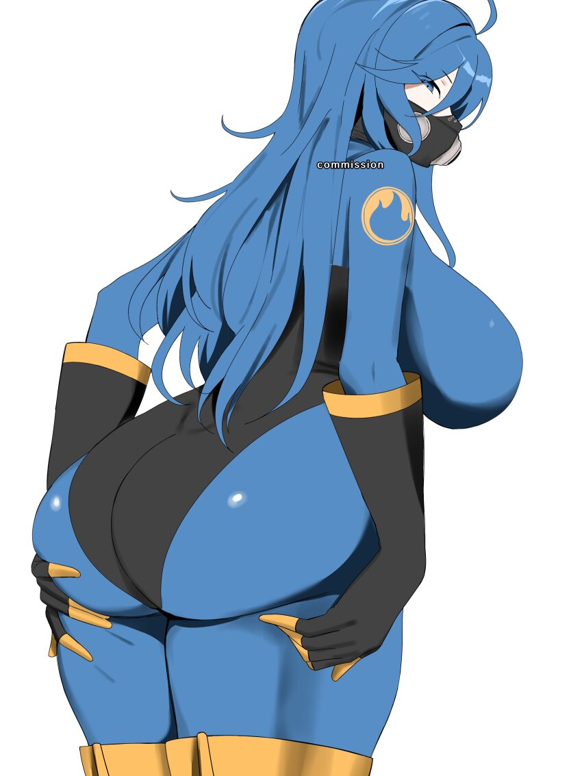 1girl, absurdres, ahoge, ass, ass_focus, black_gloves, blu_pyro_(tf2), blue_eyes
