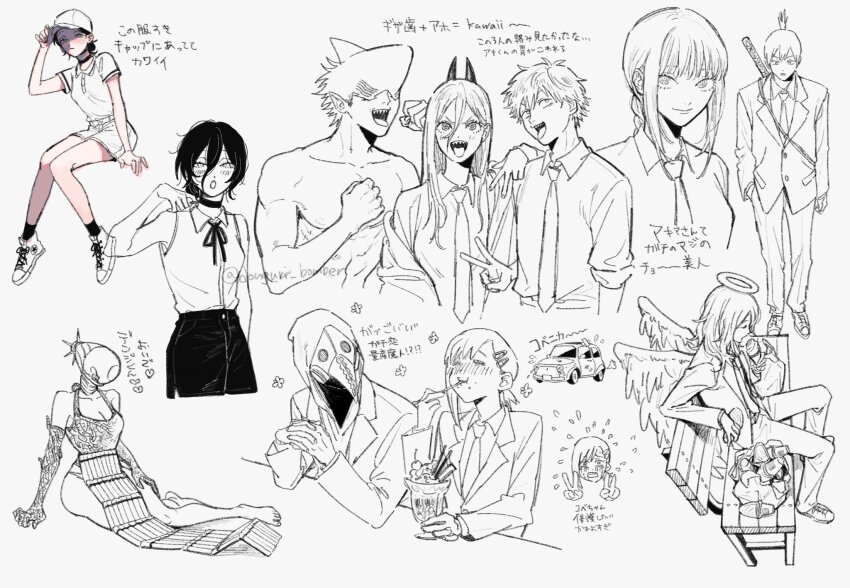 >_<, 4girls, 5boys, adjusting_clothes, adjusting_headwear, androgynous, angel_devil_(chainsaw_man), angel_wings