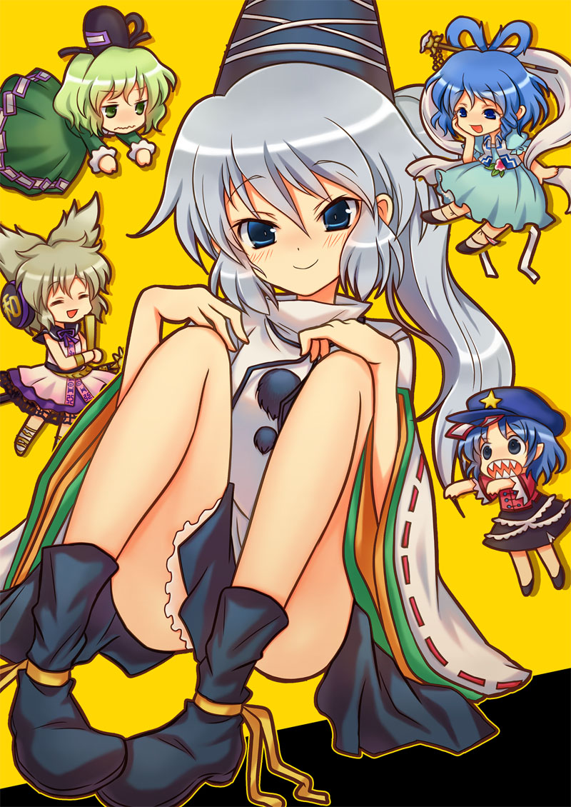 5girls, blue_dress, blue_eyes, blue_hair, brown_hair, chibi, closed_eyes, dress