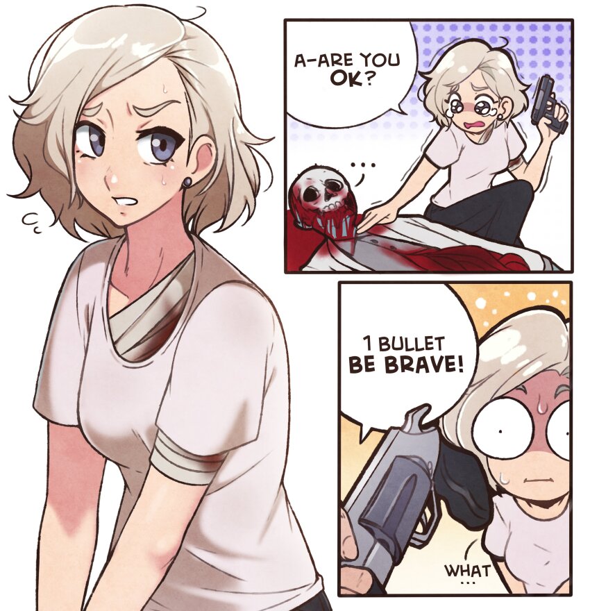 1girl, absurdres, blonde_hair, blood, commentary, earrings, english_text, grace_ashcroft