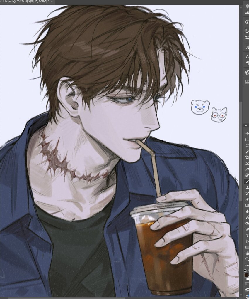 1boy, agent_choi, black_eyes, black_shirt, blue_jacket, blue_pupils, brown_hair, crew_neck