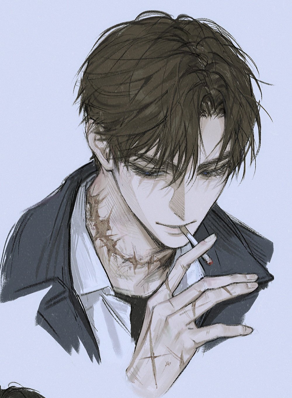 1boy, agent_choi, black_eyes, black_shirt, blue_jacket, blue_pupils, brown_hair, collared_shirt