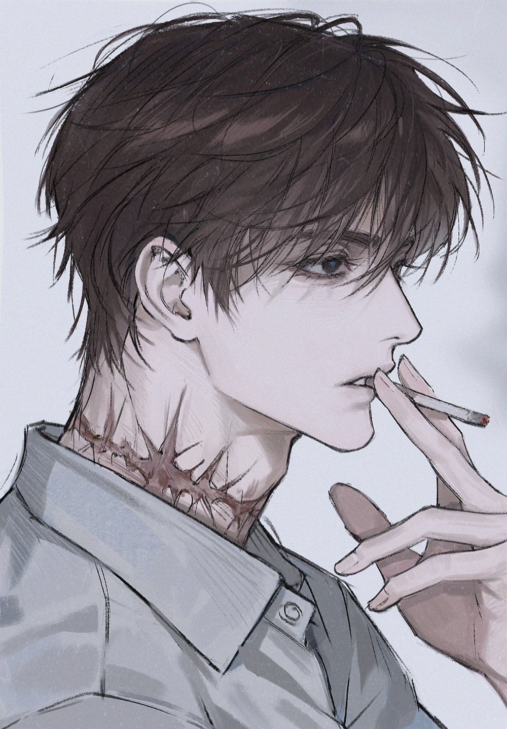 1boy, agent_choi, black_eyes, blue_pupils, brown_hair, cigarette, collared_shirt, commentary_request