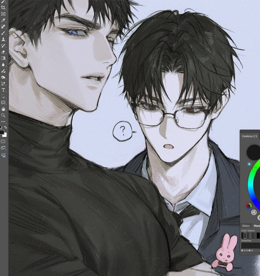 2boys, ?, black_eyes, black_hair, black_necktie, black_shirt, blue_eyes, covered_pectorals