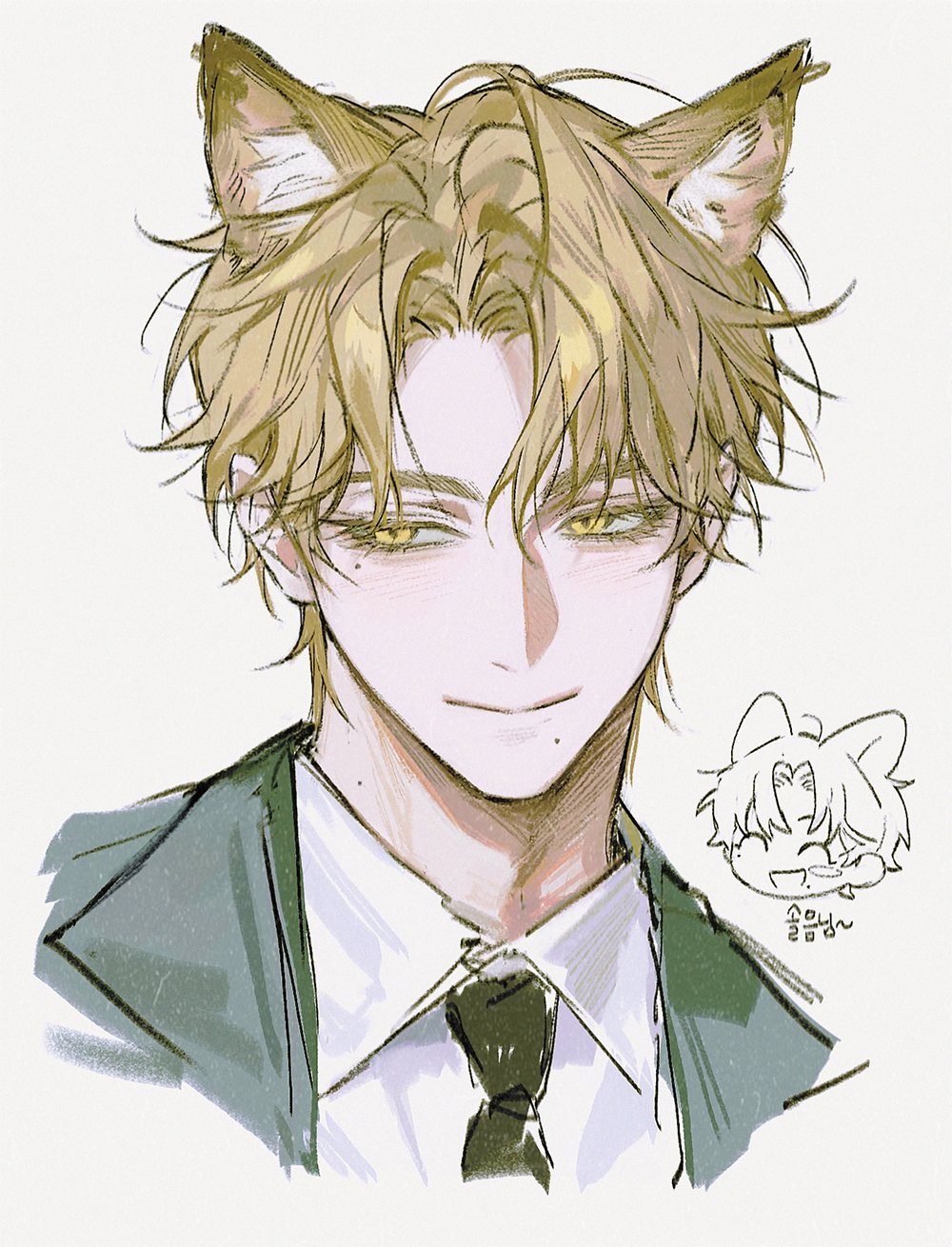 1boy, animal_ears, black_necktie, blonde_hair, chibi, chibi_inset, commentary_request, dress_shirt