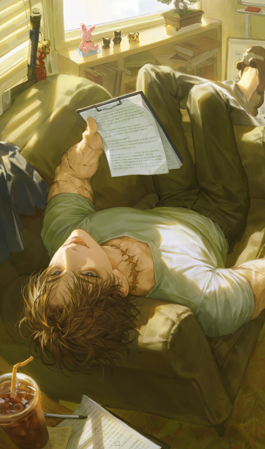 1boy, absurdres, agent_choi, black_eyes, black_pants, blue_pupils, brown_hair, commentary_request