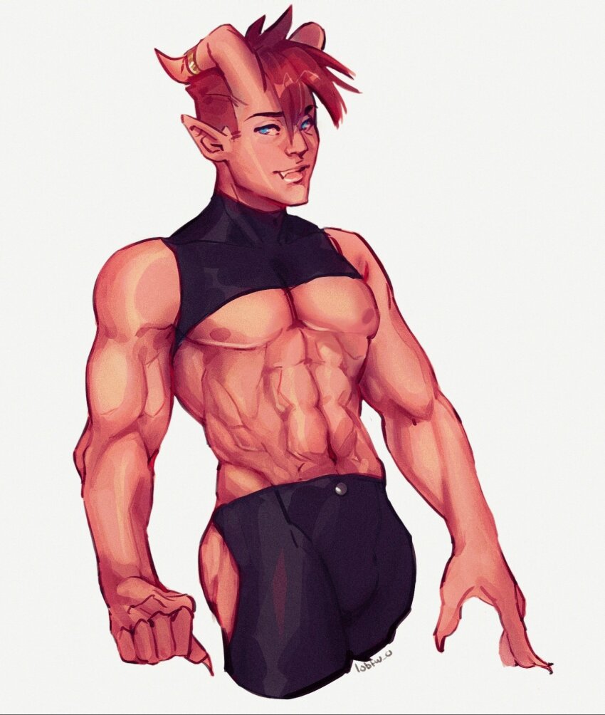 1boy, abs, backless_pants, bare_pectorals, brown_hair, dark-skinned_male, dark_skin, demon_boy