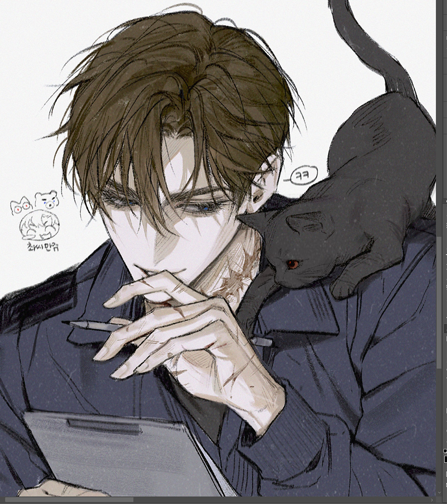 1boy, agent_choi, animal, animal_on_shoulder, black_cat, black_eyes, blue_jacket, blue_pupils
