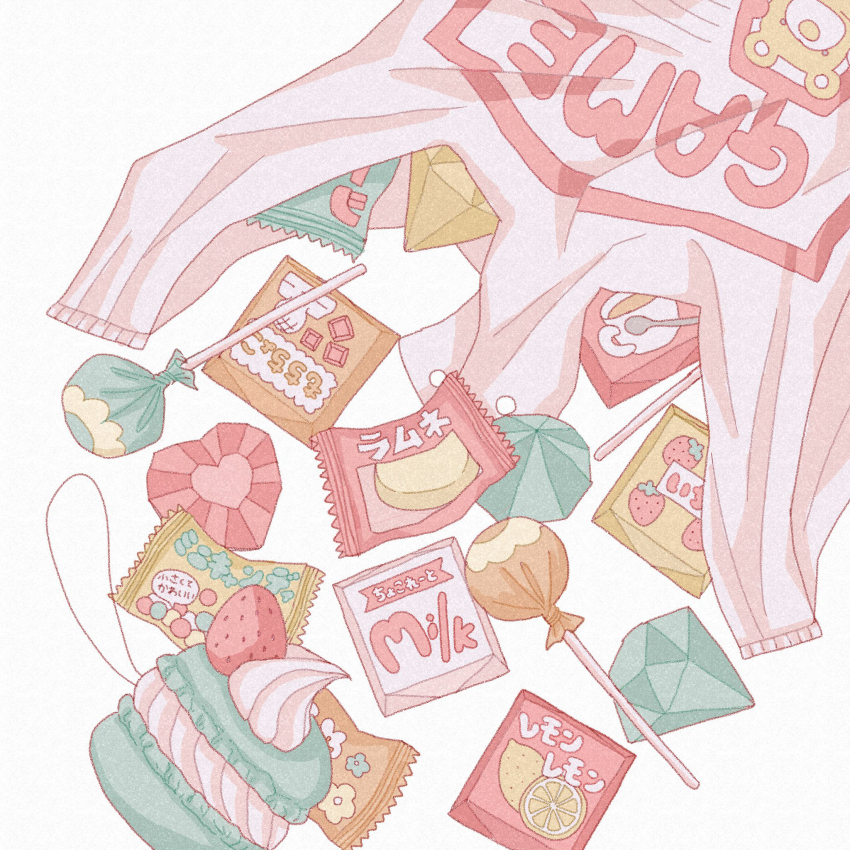 aqua_gem, bag, candy, chocolate, chocolate_heart, coffee_cup_print, commentary, dessert, food, food_focus, food_print, food_request, fruit_print, gem, heart, heart-shaped_food, highres, lemon_print, lollipop, nekomaru0817, original, plastic_bag, scenery, simple_background, strawberry_print, sweets, translation_request, untranslatable_commentary, white_background, yellow_gem