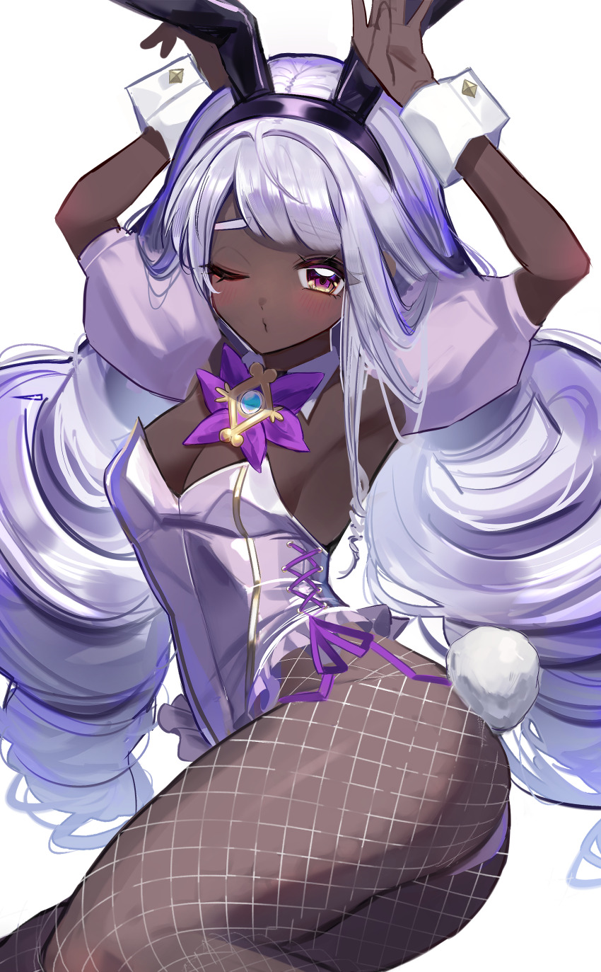 1girl, absurdres, animal_ear_hairband, animal_ears, ass, black_hairband, blush, breasts, cleavage, commentary_request, dark-skinned_female, dark_skin, detached_collar, fake_animal_ears, fake_tail, fishnet_pantyhose, fishnets, hairband, highres, jacinthe_(pokemon), leotard, long_hair, looking_at_viewer, lovelovemorel, low_drills, medium_breasts, mega_stone, nintendo, one_eye_closed, pantyhose, playboy_bunny, pokemon, pokemon_legends:_z-a, purple_eyes, purple_hair, purple_leotard, rabbit_ears, rabbit_tail, solo, tail, very_dark_skin, white_wrist_cuffs, wrist_cuffs