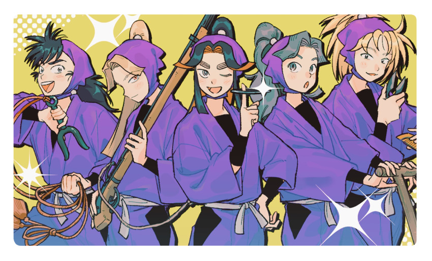 5boys, ayabe_kihachirou, commentary_request, hama_shuichirou, japanese_clothes, layered_clothes, long_hair, long_sleeves