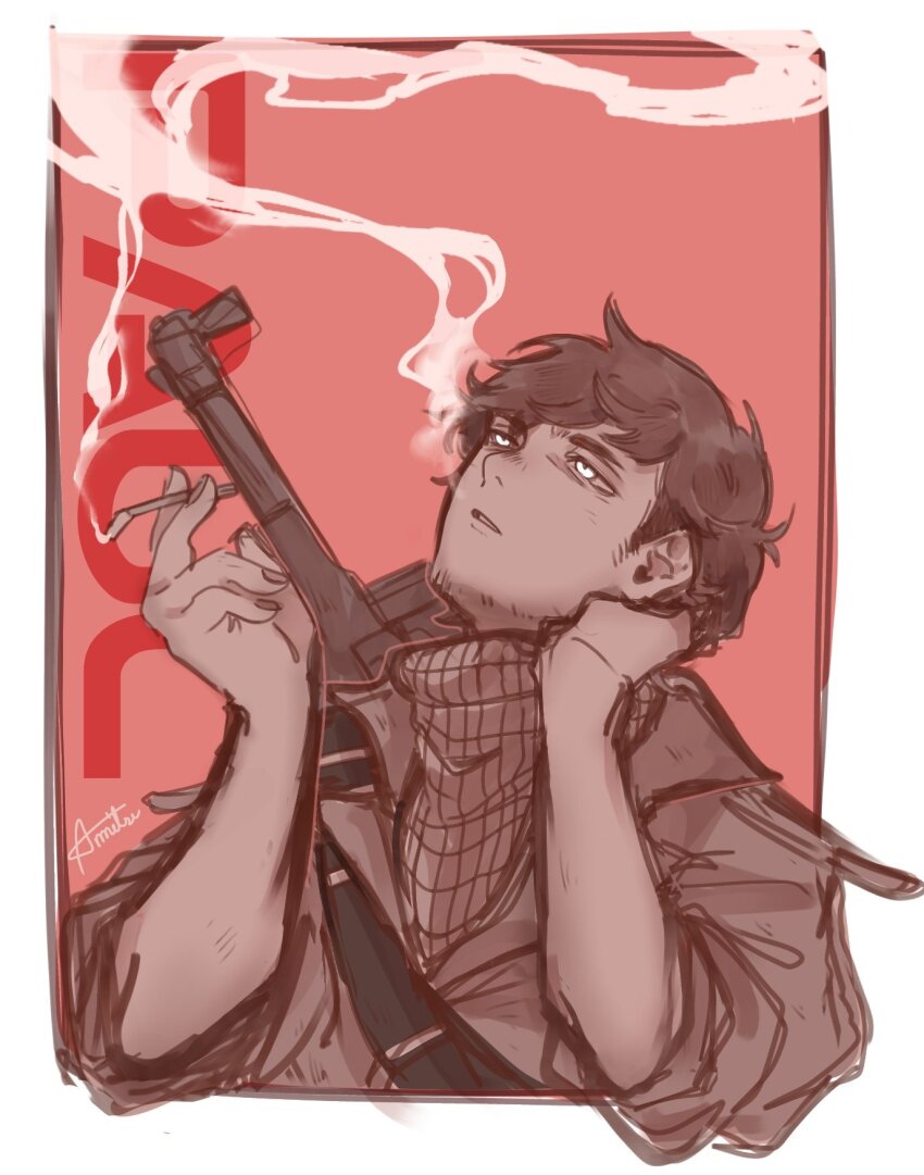 1boy, animification, anmitsu_(anmitsu40919780), beard_stubble, border, character_name, cigarette, coat