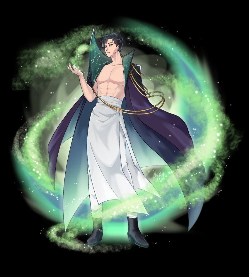 1boy, abs, bare_pectorals, black_hair, boots, cape, drawfee, drawtectives