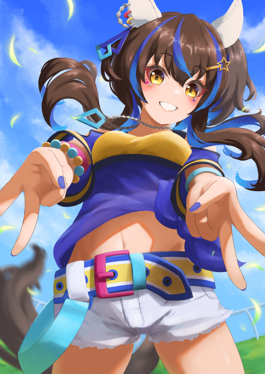 1girl, absurdres, animal_ears, bead_bracelet, beads, belt, blue_hair, blue_shirt, blue_sky, bracelet, breasts, brown_hair, cloud, commentary_request, cutoffs, daitaku_helios_(fun_fun_party_night)_(umamusume), daitaku_helios_(umamusume), double_v, ear_covers, facial_tattoo, hair_ornament, hairclip, harituk, highres, horse_ears, horse_girl, horse_tail, jewelry, long_hair, looking_at_viewer, medium_breasts, midriff, multicolored_hair, multicolored_nails, navel, necklace, open_mouth, outdoors, shirt, shorts, sky, smile, solo, streaked_hair, tail, tattoo, teeth, tied_shirt, umamusume, v, white_shorts, yellow_belt, yellow_eyes