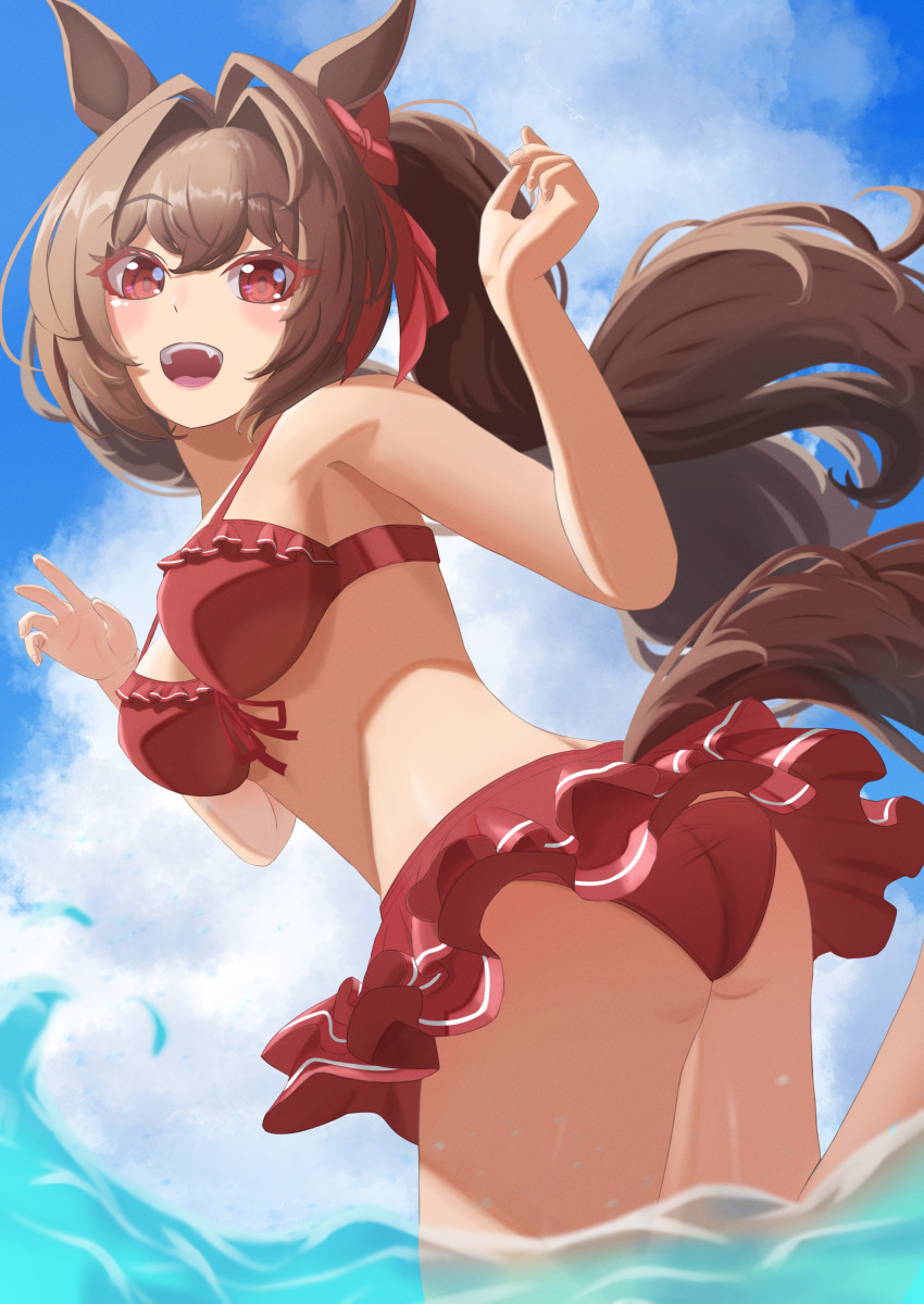 1girl, absurdres, animal_ears, ass, bare_shoulders, bikini, bikini_skirt, blue_sky