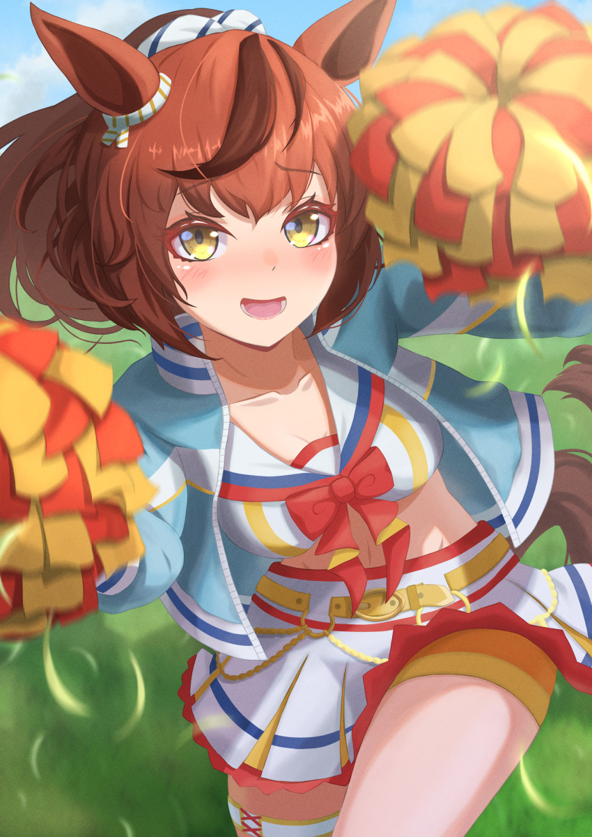 1girl, absurdres, animal_ears, belt, blue_jacket, blush, breasts, brown_eyes