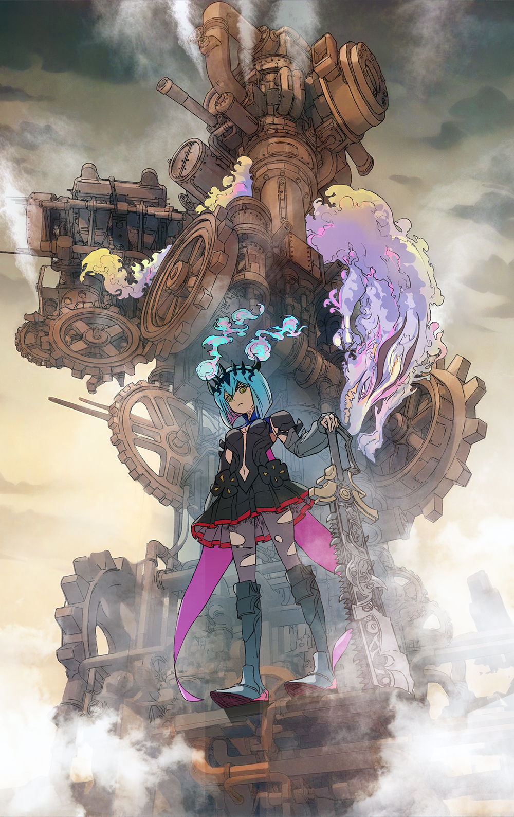 1girl, another_eden, aqua_hair, armor, black_boots, black_crown, black_dress, black_pantyhose, boots, breasts, chainsaw, closed_mouth, commentary_request, creature, crown, detached_sleeves, dress, from_behind, full_body, gears, hair_between_eyes, highres, holding, holding_chainsaw, knee_boots, kumotof, medium_breasts, minalca_(another_eden), navel, pantyhose, pleated_dress, plunging_neckline, shoulder_armor, standing, steam, tailcoat, tetra_(another_eden), torn_clothes, torn_pantyhose