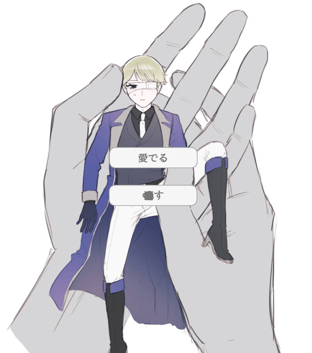 1boy, 1other, black_boots, black_eyes, black_shirt, blonde_hair, blue_coat, blue_gloves