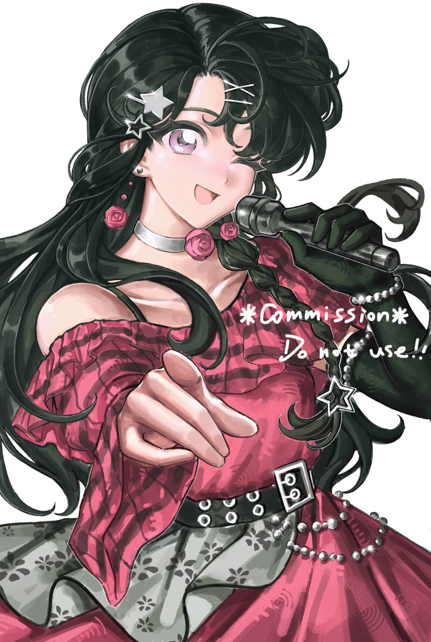 1girl, ;d, absurdres, belt, belt_buckle, black_belt, black_gloves, black_hair