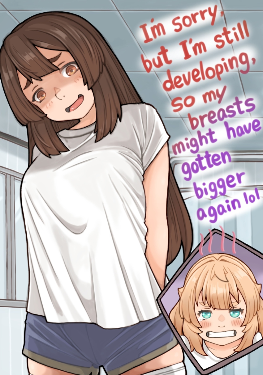 1boy, 1girl, arms_behind_back, blonde_hair, blue_eyes, blue_shorts, blush, breast_envy