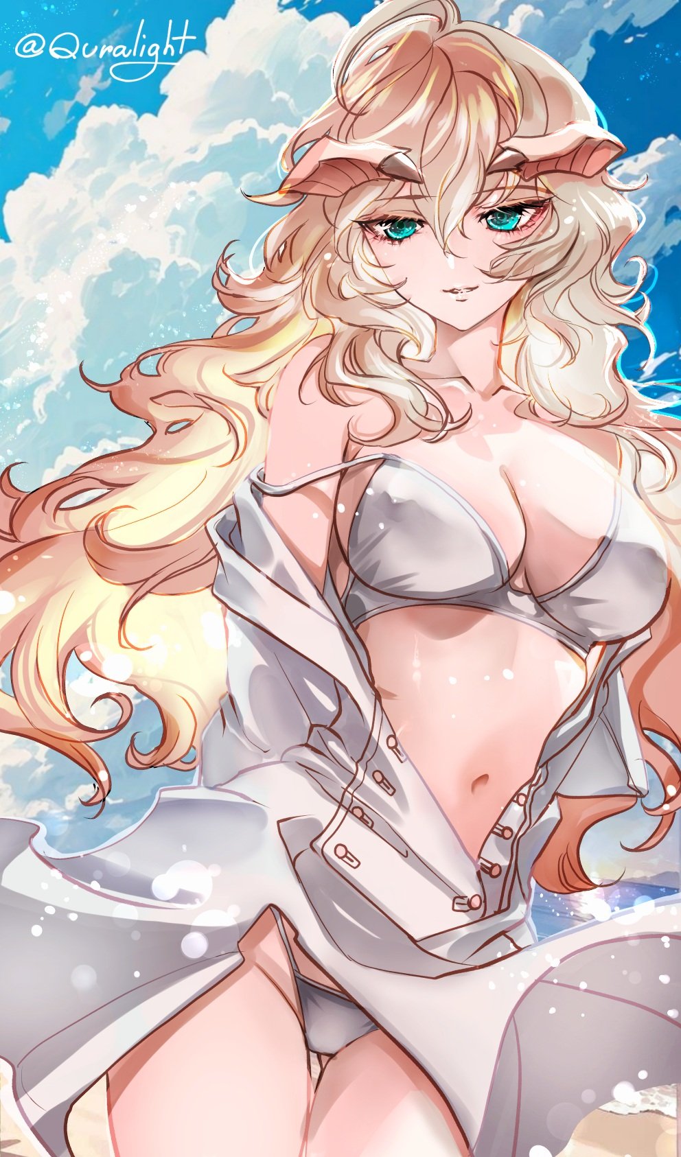 1girl, arms_behind_back, bare_shoulders, beach, bikini, blonde_hair, blue_sky, breasts, cloud, coat, commentary, covered_erect_nipples, cowboy_shot, day, english_commentary, genderswap, genderswap_(mtf), green_eyes, hair_between_eyes, highres, horns, large_breasts, light_particles, long_hair, long_sleeves, looking_at_viewer, louis_(metaphor:_refantazio), metaphor:_refantazio, navel, ocean, off_shoulder, open_clothes, open_coat, outdoors, parted_lips, quralight, sand, sky, smile, solo, standing, strap_slip, swimsuit, thigh_gap, twitter_username, water, white_bikini, white_coat