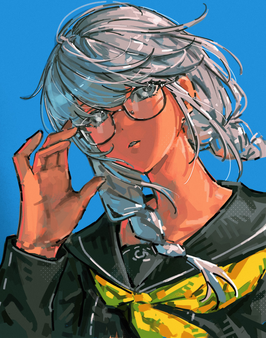 1boy, absurdres, adjusting_eyewear, black-framed_eyewear, black_sailor_collar, black_shirt, blue_background, braid