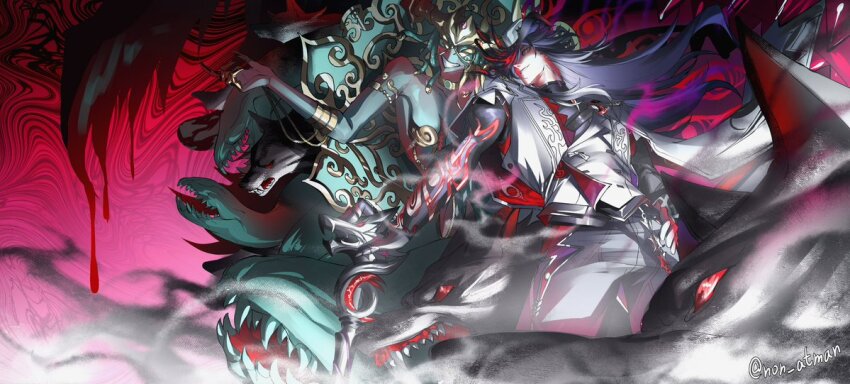 1boy, aqua_skin, armlet, ashveil_(honkai:_star_rail), black_hair, cane, choker, claw_ring