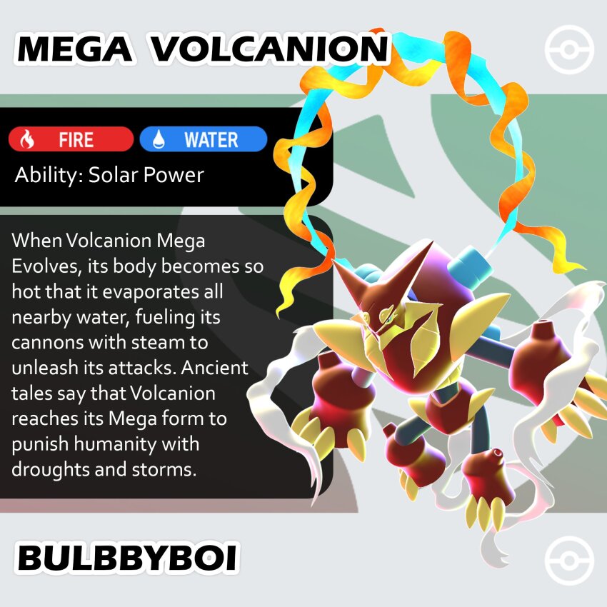3d, artist_name, bulbbyboi, character_name, closed_mouth, commentary, english_commentary, fakemon, full_body, gen_6_pokemon, highres, legendary_pokemon, mega_pokemon_(other), mythical_pokemon, nintendo, official_style, poke_ball_symbol, pokemon, pokemon_(creature), pokemon_focus, solo, volcanion