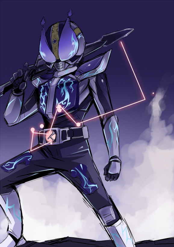 1boy, armor, belt, blue_lines, cloud, dark_sky, electricity, helmet, holding, holding_sword, holding_weapon, kamen_rider, kamen_rider_den-o_(series), kamen_rider_nega_den-o, knee_up, male_focus, mask, masked, masked_male, over_shoulder, purple_armor, purple_eyes, steam, sword, sword_over_shoulder, weapon, weapon_over_shoulder