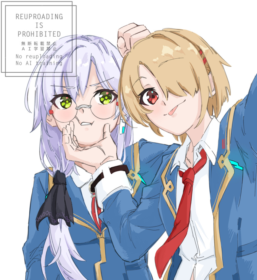 2girls, :p, asngi_1027hana, brown_hair, commentary_request, glasses, green_eyes, hair_ornament