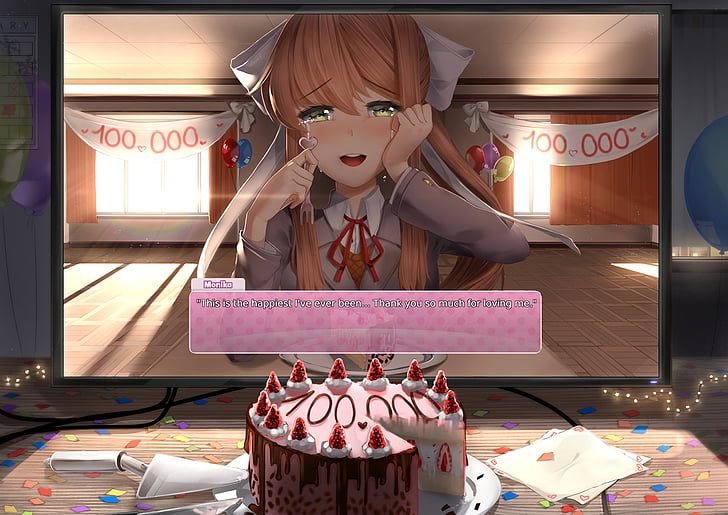 1girl, artist_request, bow, cake, computer, doki_doki_literature_club, doki_doki_literature_club_school_uniform, food