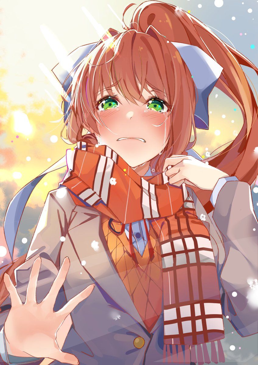 1girl, artist_request, bow, crying, doki_doki_literature_club, doki_doki_literature_club_school_uniform, green_eyes, long_hair
