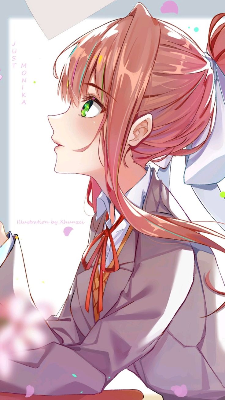 1girl, artist_request, bow, doki_doki_literature_club, doki_doki_literature_club_school_uniform, green_eyes, long_hair, monika, monika_(doki_doki_literature_club), neck_ribbon, ponytail, red_ribbon, ribbon, school_uniform, tech, uniform, white_bow, white_undershirt