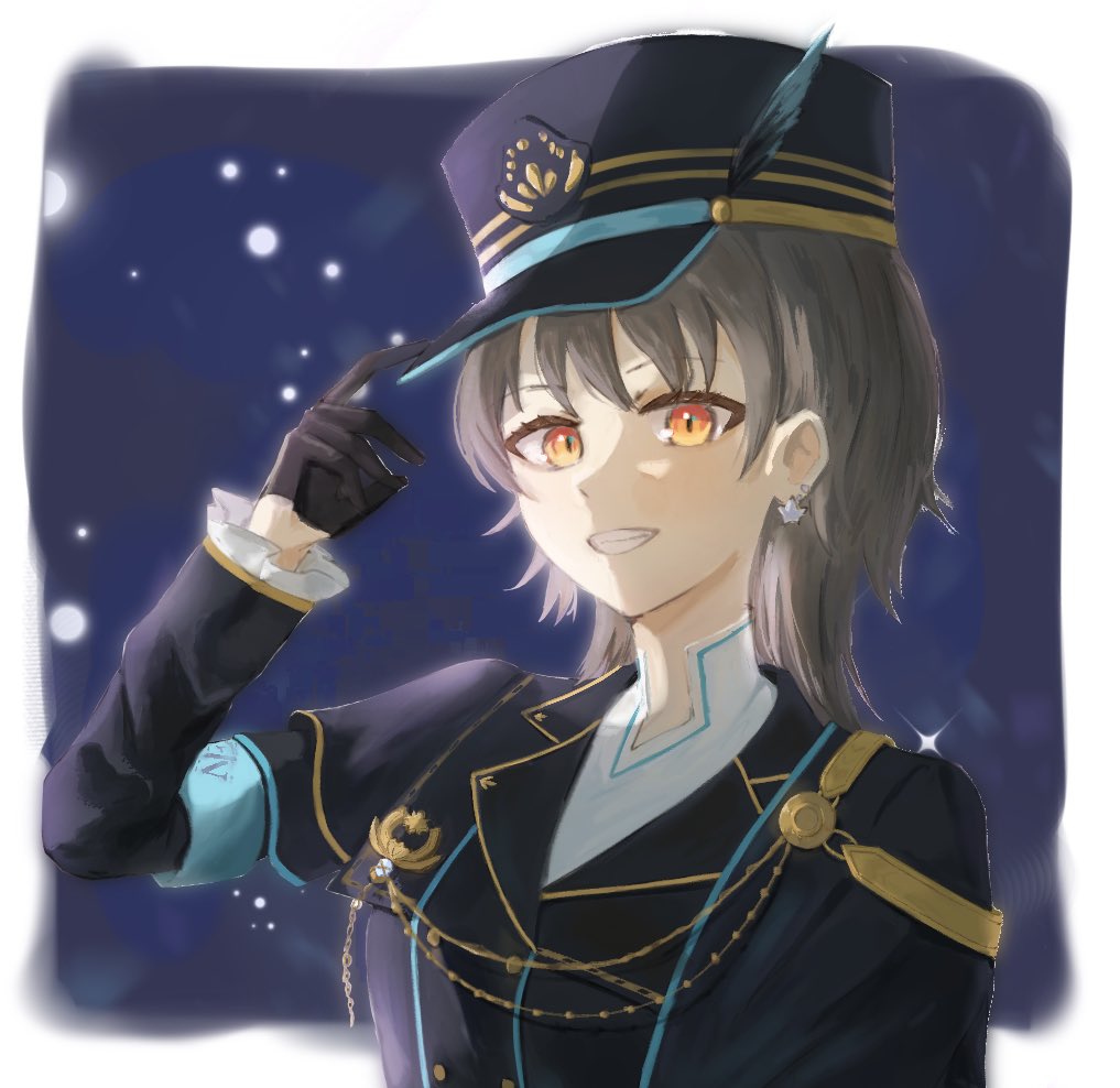 1girl, :d, aiguillette, amane61115, black_gloves, black_hat, black_jacket, blue_feathers