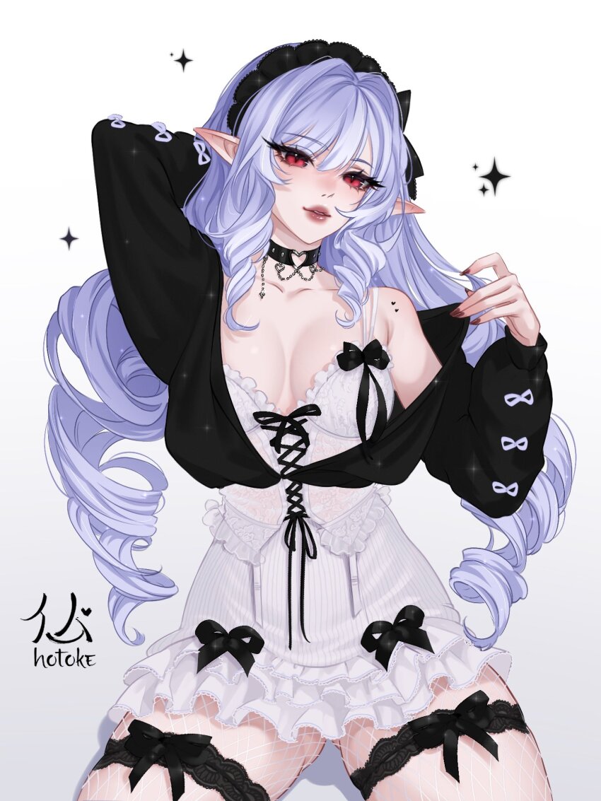 1girl, black_ribbon, black_shrug, bow, breasts, commentary_request, drill_hair, fishnet_pantyhose