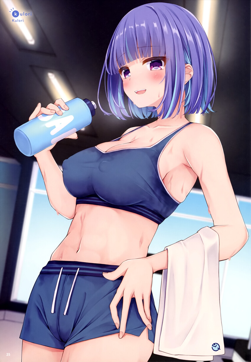 1girl, :d, absurdres, armpit_crease, artist_name, blue_hair, blue_shorts, blunt_bangs