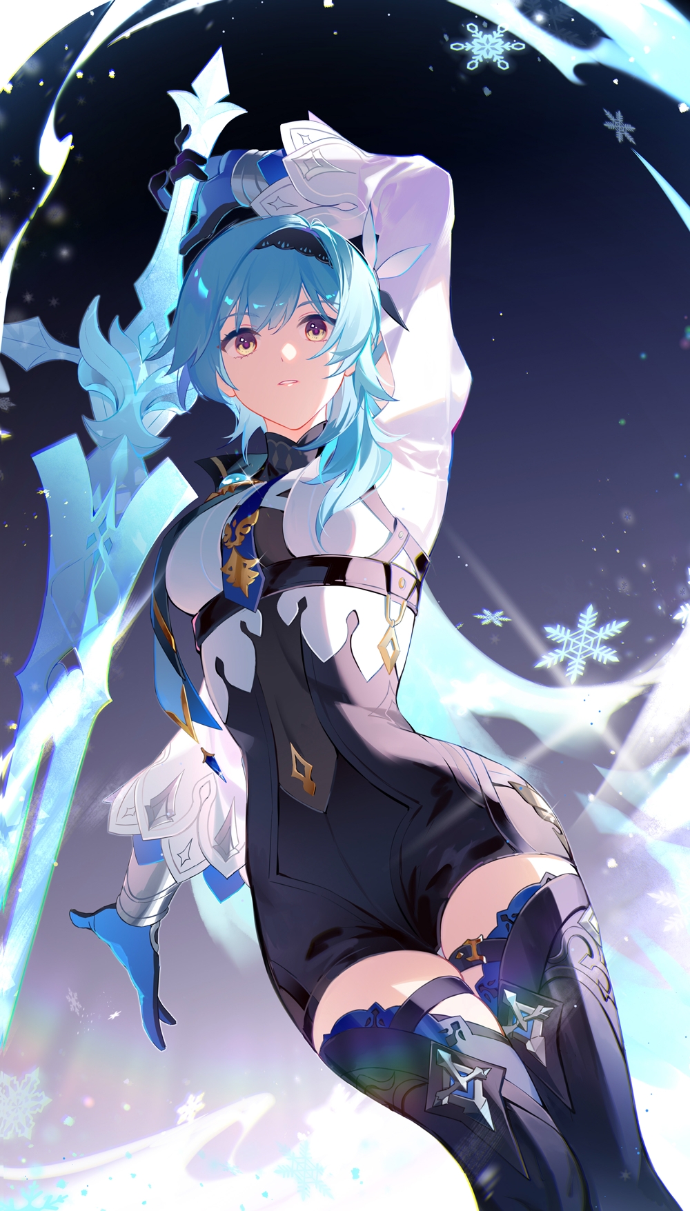 1girl, arm_up, asymmetrical_hair, black_boots, black_hairband, black_leotard, blue_gloves, blue_hair