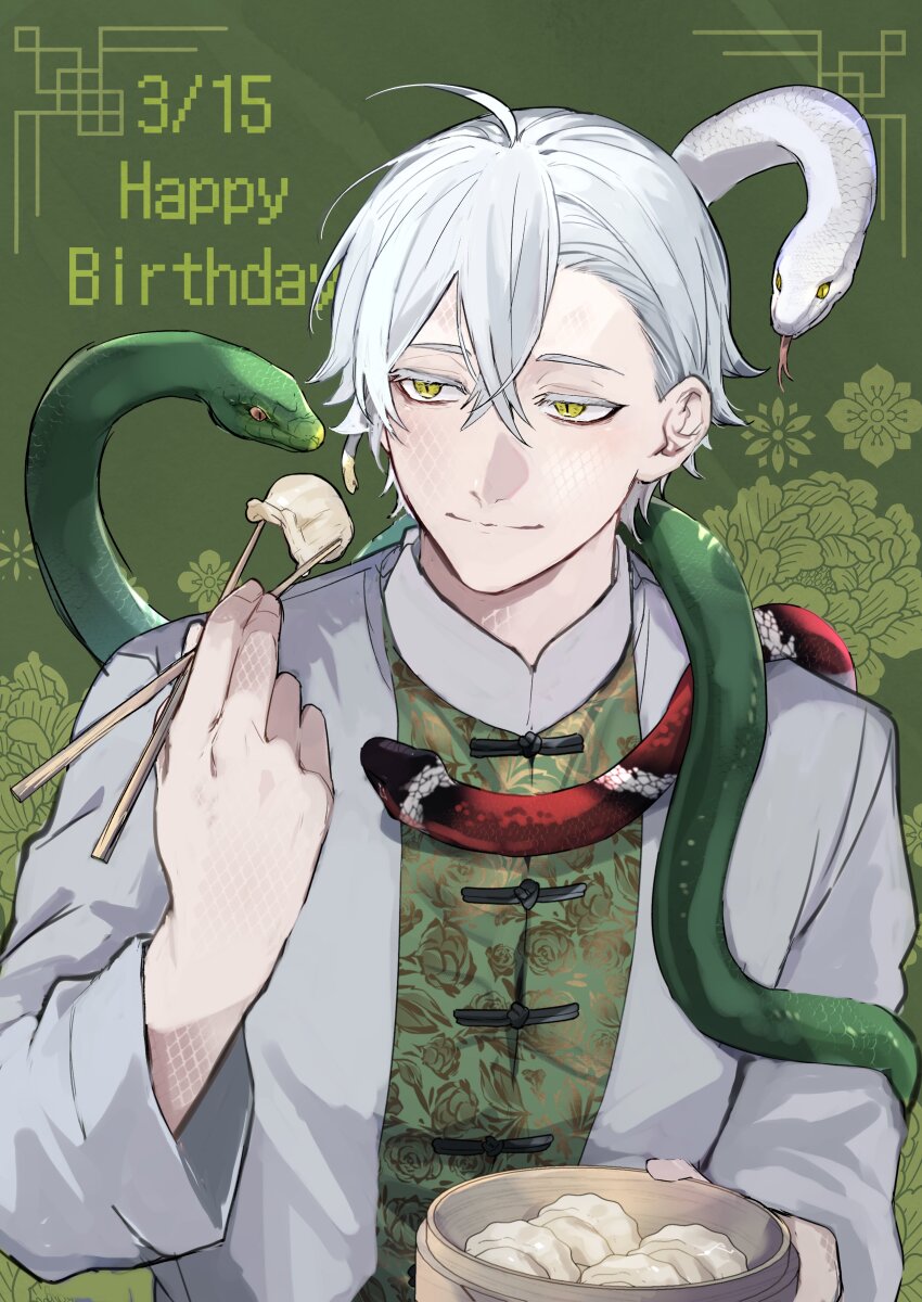 1boy, absurdres, ahoge, bamboo_steamer, chinese_clothes, chinese_knot_border, chopsticks, closed_mouth