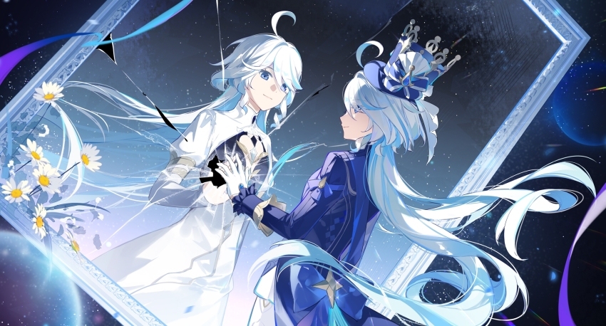 2girls, ahoge, blue_bow, blue_eyes, blue_hair, blue_hat, blue_jacket, bow