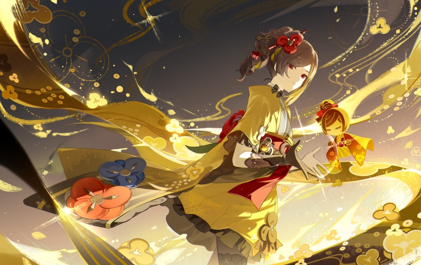 1girl, absurdres, black_gloves, black_pantyhose, blonde_hair, brown_hair, chinese_commentary, chiori_(genshin_impact)