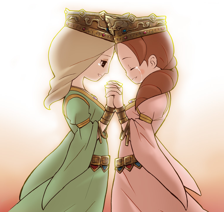 2girls, black_eyes, brown_hair, commentary_request, crown, crying, dress, gradient_background, green_dress, hair_over_shoulder, holding_hands, homa_kura, janice_quatlane, long_hair, melina_whistler, multiple_girls, open_mouth, pink_dress, professor_layton, professor_layton_and_the_eternal_diva, wide_sleeves